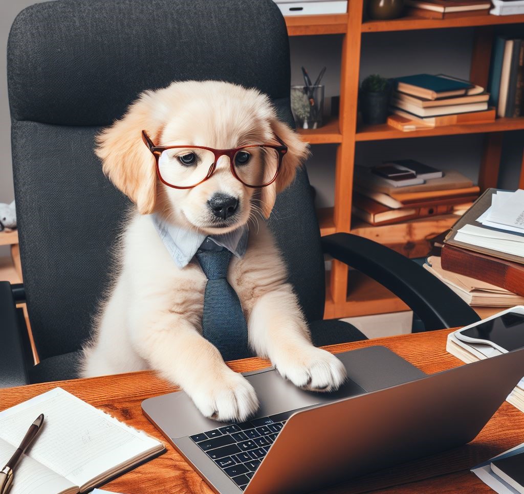 Puppy sitting at the computer and working on it while wearing glasses